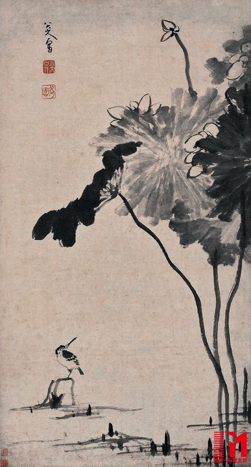 清 朱耷《风荷翠鸟》